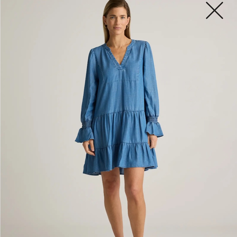 Chambray Tencel Tiered Long Sleeve Mini Dress | Medium